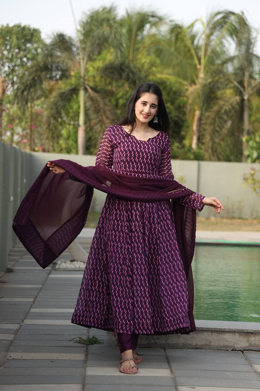 Ruhéva Wine Digital Print Anarkali Set ✨🍷