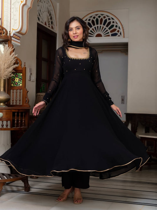 Black Blooming Fabric Anarkali Suit with Dupatta