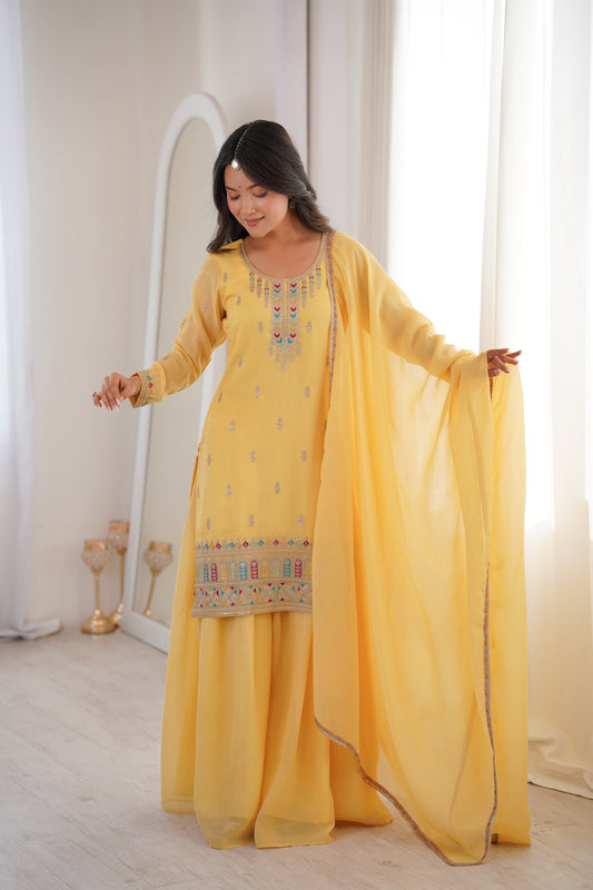 Elegant Crunchy Silk Sharara Suit Set For Women 💛