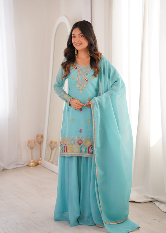Sky Blue Designer Crunchy Silk Sharara Suit Set For Women 💙
