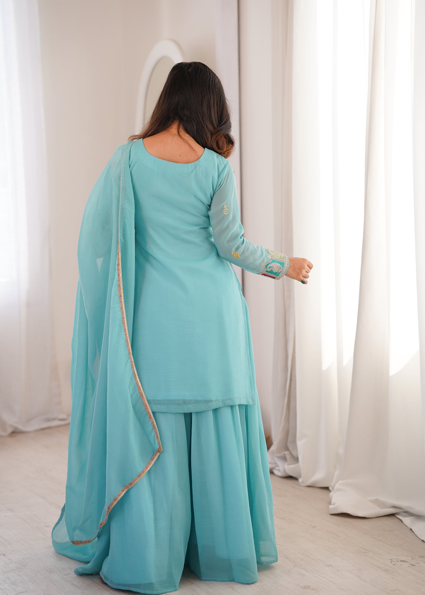 Sky Blue Designer Crunchy Silk Sharara Suit Set For Women 💙