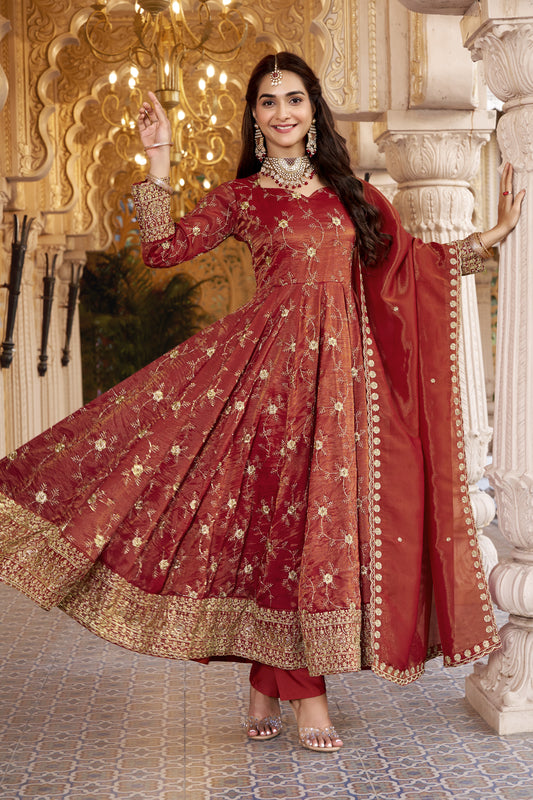 RUST HEAVY COSMOS ANARKALI SUIT – 3MM SEQUINS & EMBROIDERY ✨