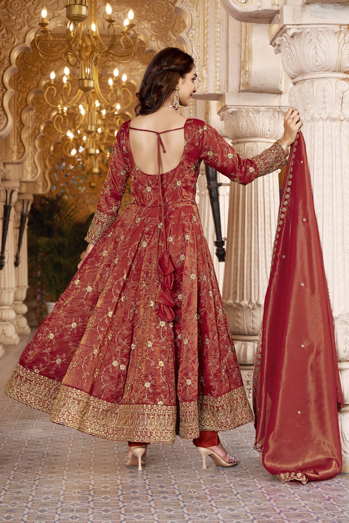 RUST HEAVY COSMOS ANARKALI SUIT β 3MM SEQUINS & EMBROIDERY β¨