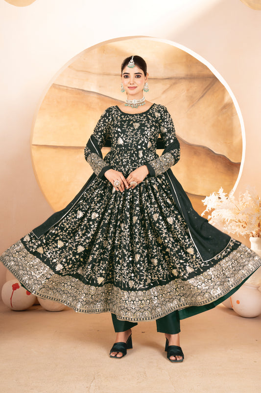 PREMIUM READYMADE DARK GREEN ANARKALI SUIT SET – 3 PIS