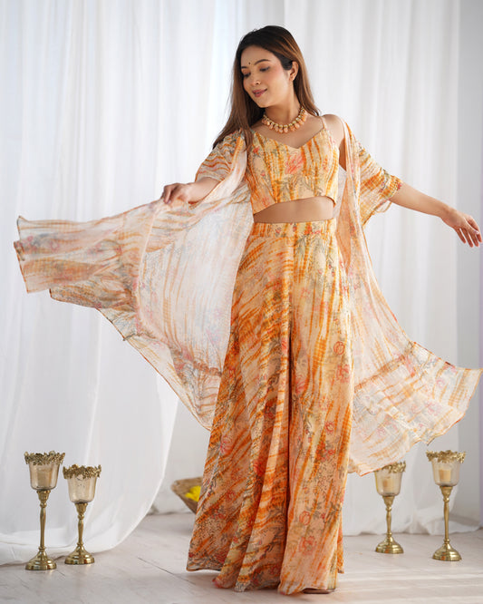 Trendy Floral Print Indo Western Shrug Palazzo Set For Women 🌸