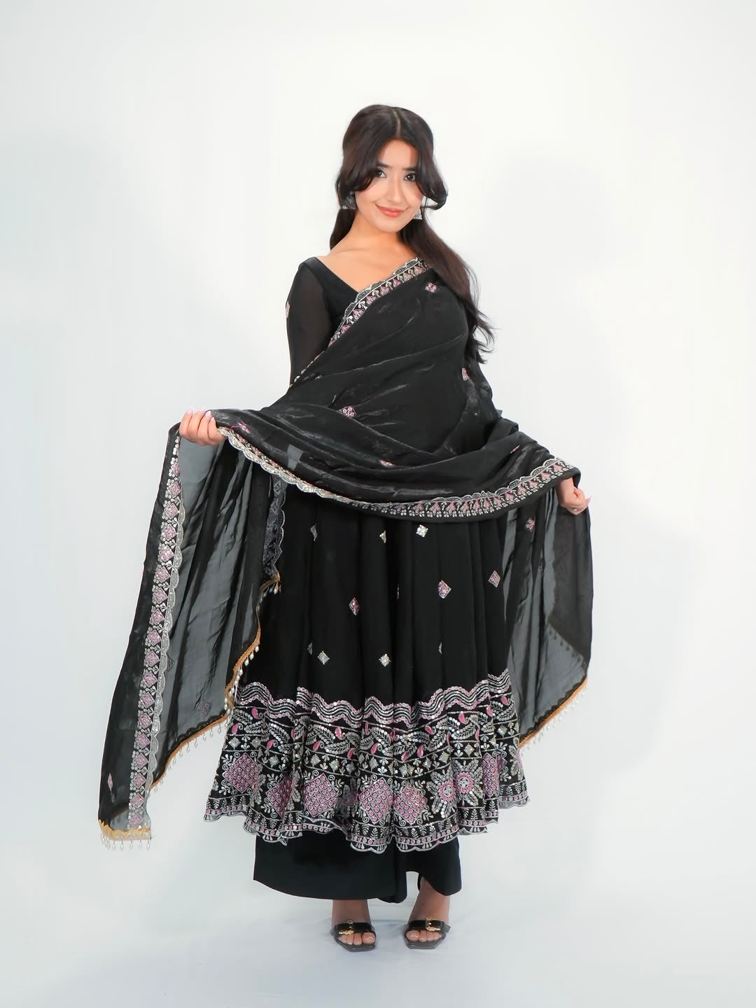 Elegant Pearl Lace Two Tone Fandy Silk Gown Set β Designer Party Wear