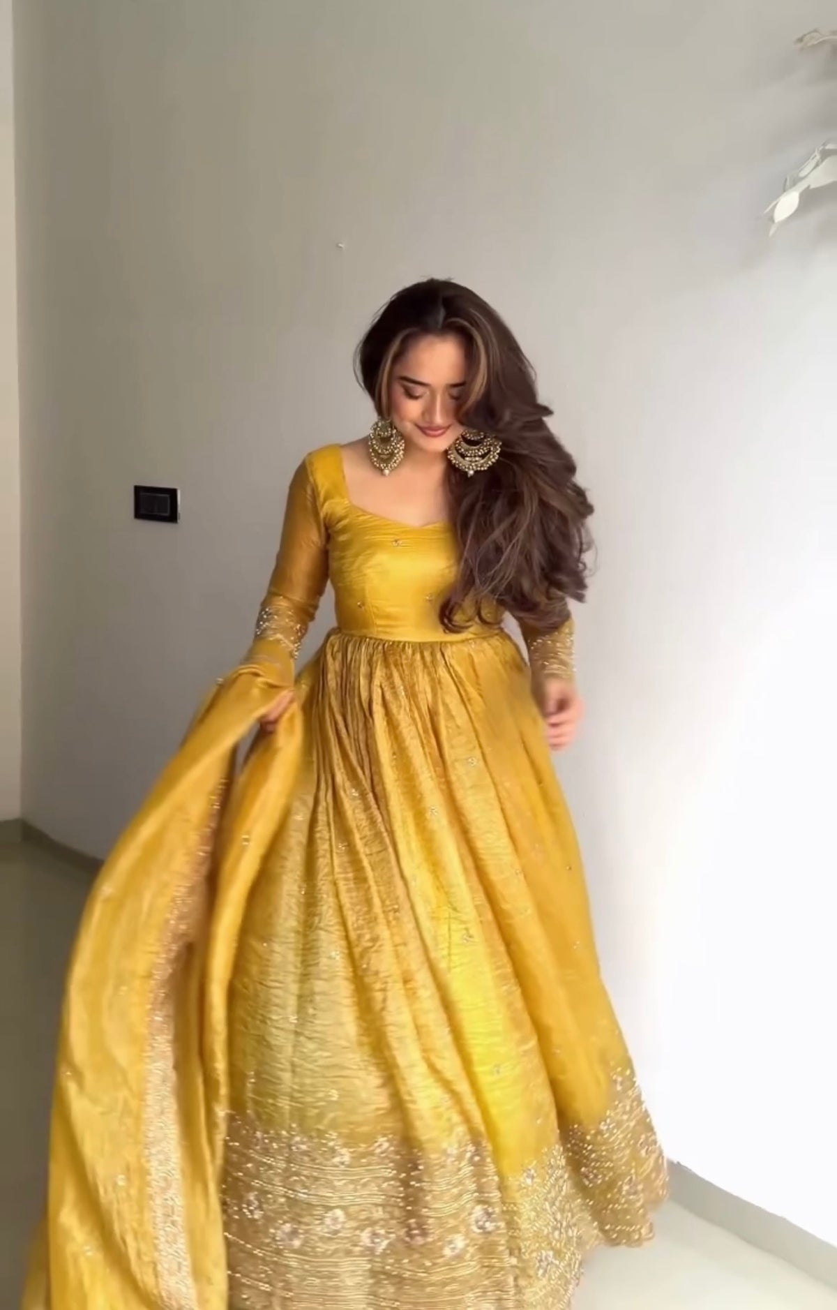 Royal Gold Crush 56" Flared Gown Set β Pearl Lace Designer Party Wear