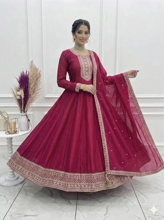 Royal Dark Pink Fully Flared Anarkali Gown Set For Women 💖