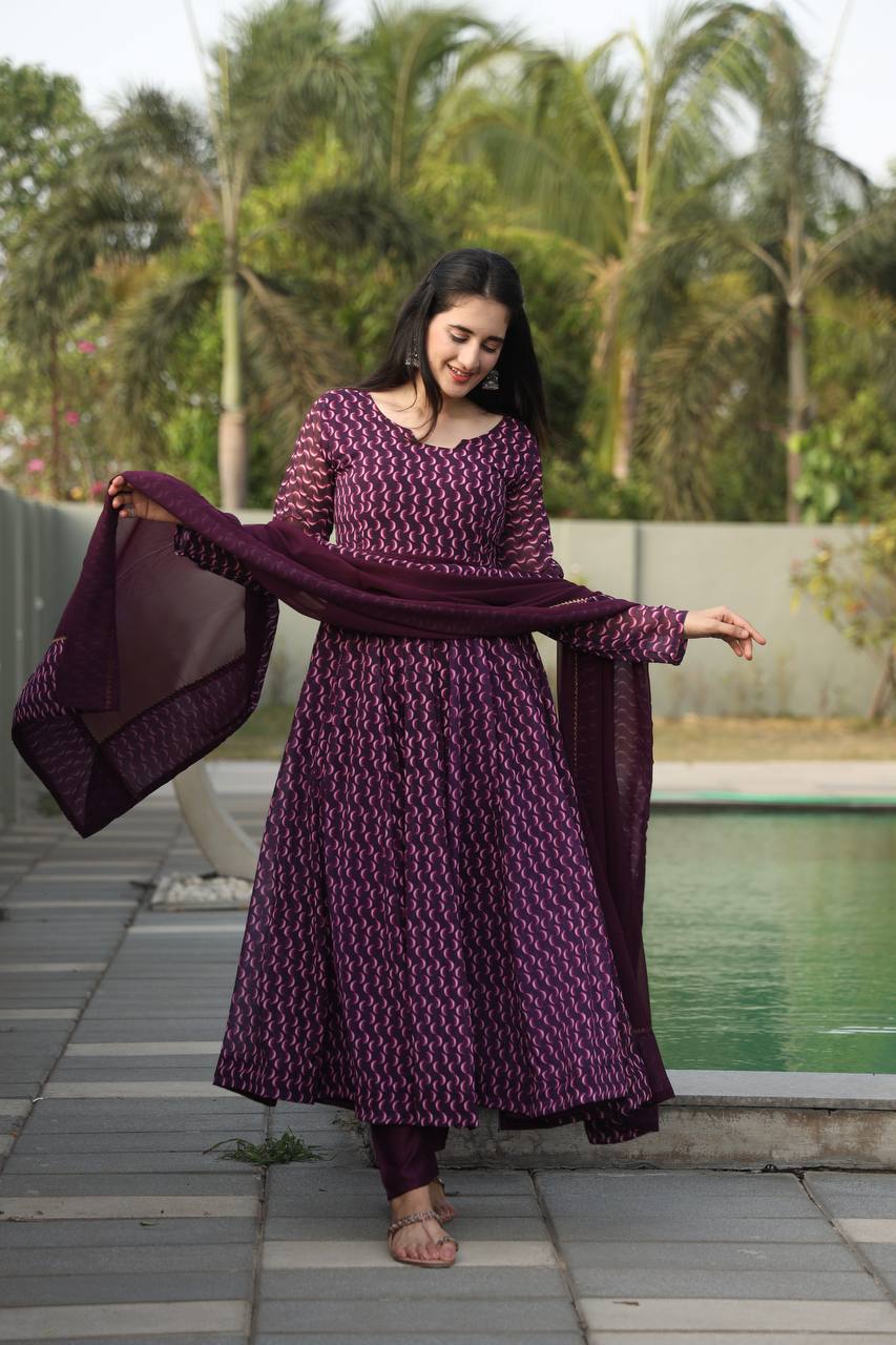Ruhéva Wine Digital Print Anarkali Set ✨🍷
