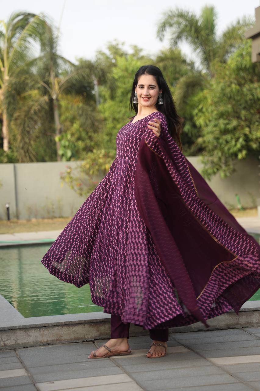 Ruhéva Wine Digital Print Anarkali Set ✨🍷