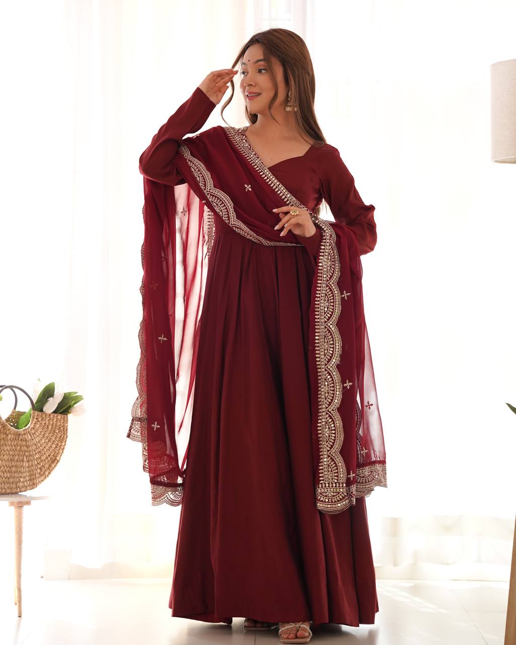 Luxury Roman Silk Chanderi Fully Flared Anarkali Suit Set For Women ✨