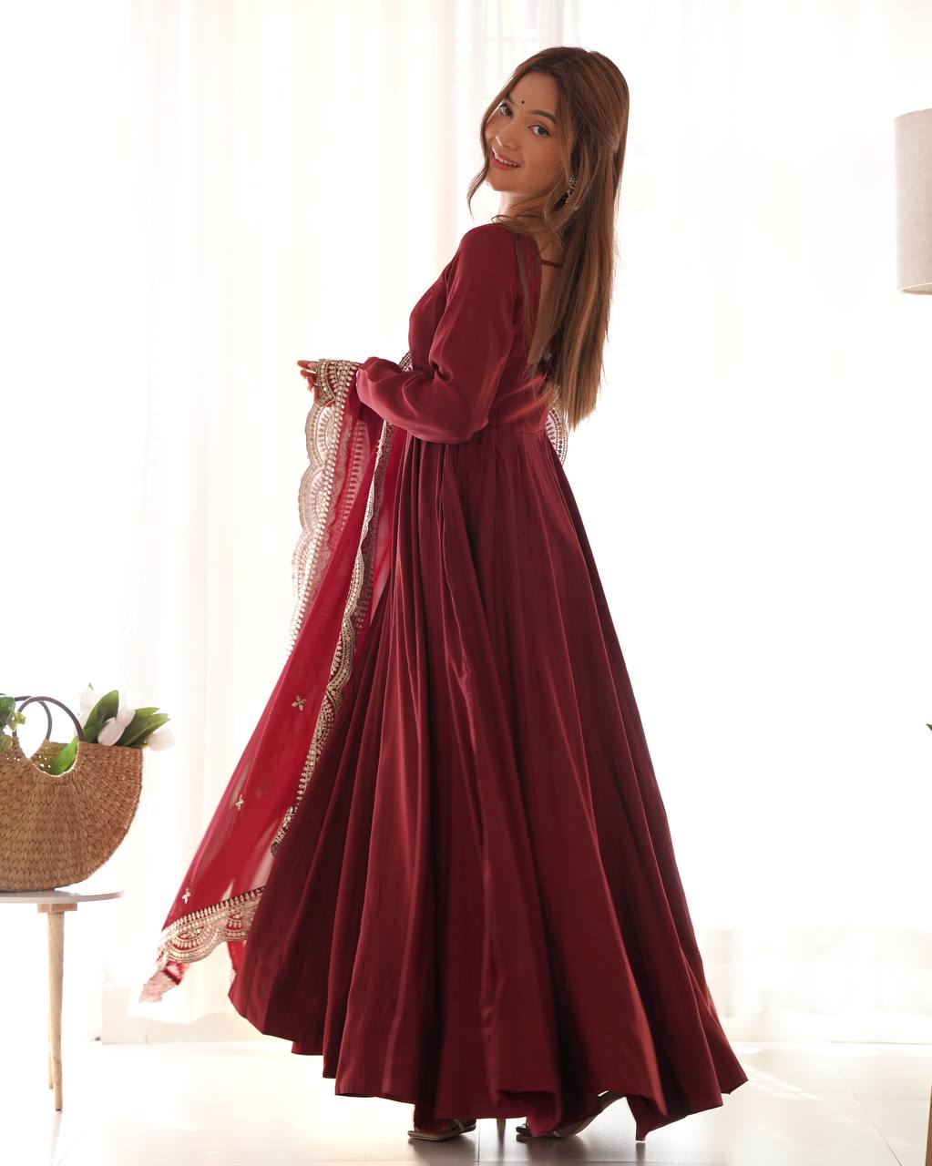 Luxury Roman Silk Chanderi Fully Flared Anarkali Suit Set For Women ✨
