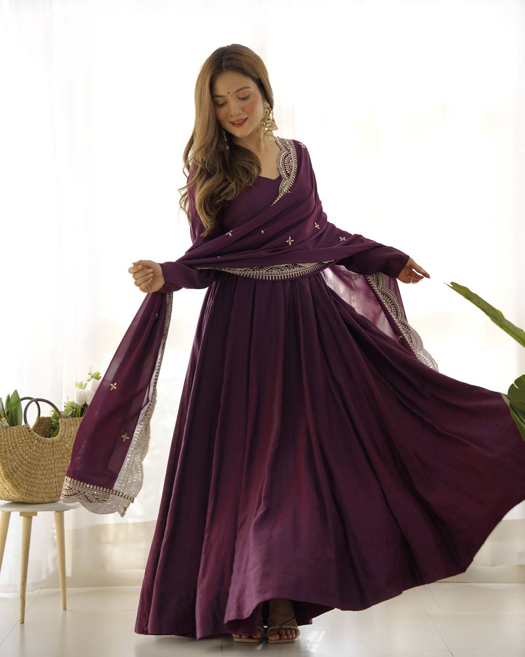 Luxury Roman Silk Chanderi Fully Flared Anarkali Suit Set For Women ✨
