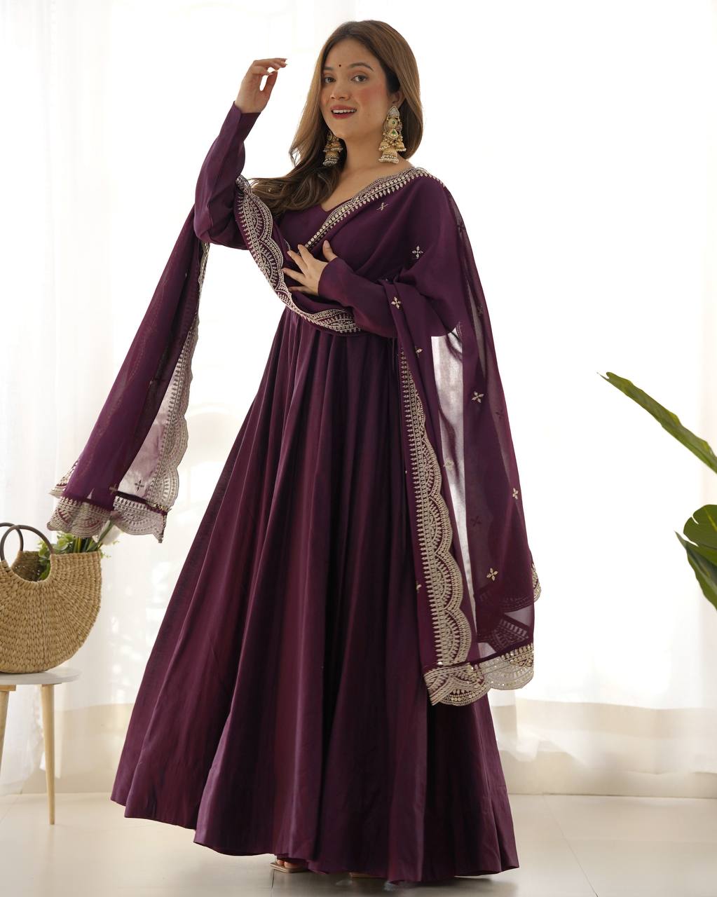 Luxury Roman Silk Chanderi Fully Flared Anarkali Suit Set For Women ✨