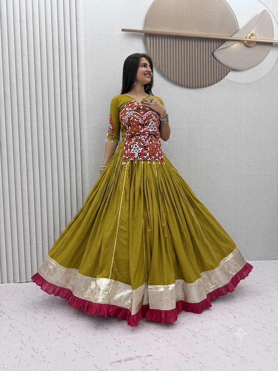 NAVRATRI SPECIAL PURE COTTON KEDIYU LEHENGA – GAMTHI &amp; MIRROR WORK