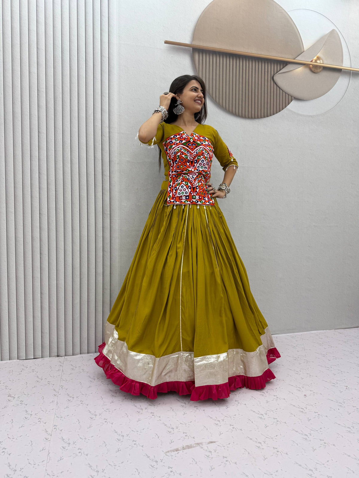 NAVRATRI SPECIAL PURE COTTON KEDIYU LEHENGA – GAMTHI &amp; MIRROR WORK