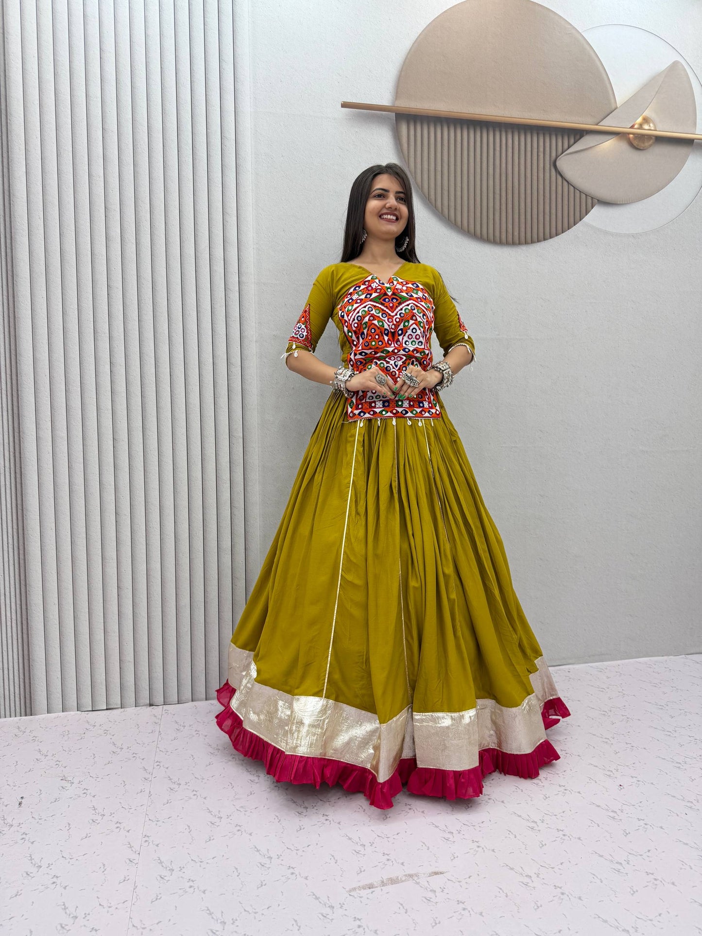 NAVRATRI SPECIAL PURE COTTON KEDIYU LEHENGA – GAMTHI &amp; MIRROR WORK