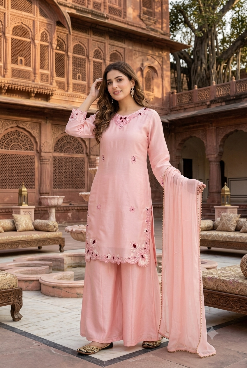 Royal Glass Silk Moti Embroidered Palazzo Set – Designer Party Wear