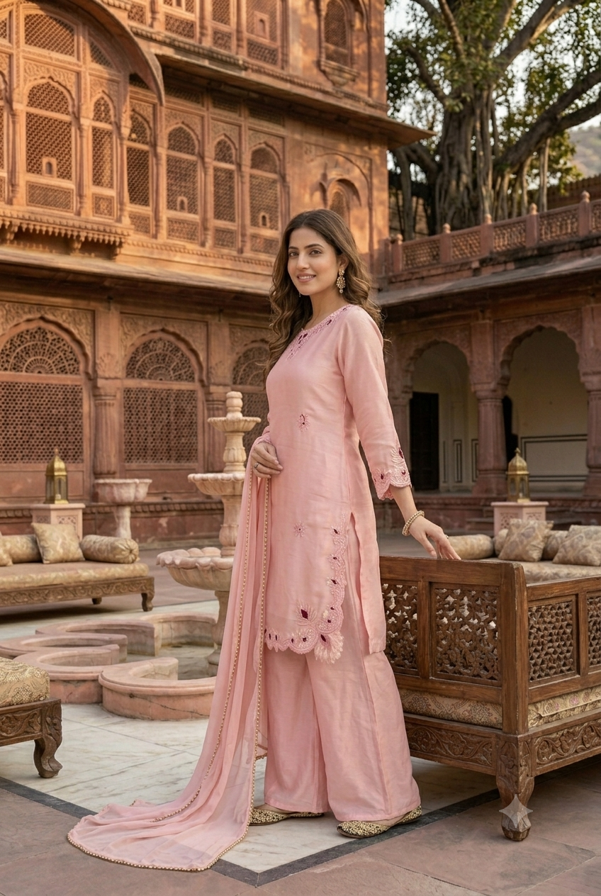 Royal Glass Silk Moti Embroidered Palazzo Set – Designer Party Wear