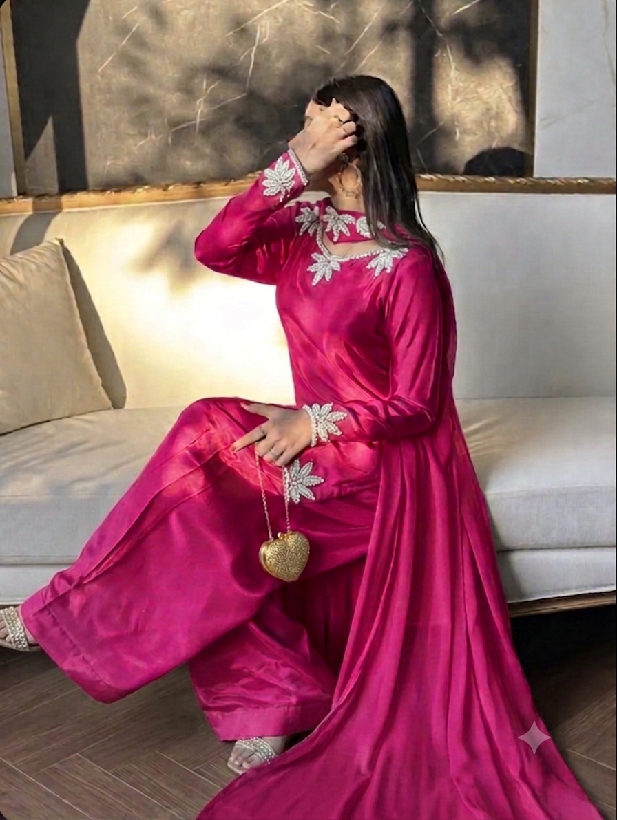 Natural Crepe Moti Embroidered Farsi Salwar Set – New Designer Party Wear