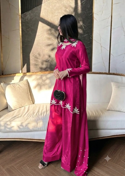 Natural Crepe Moti Embroidered Farsi Salwar Set – New Designer Party Wear