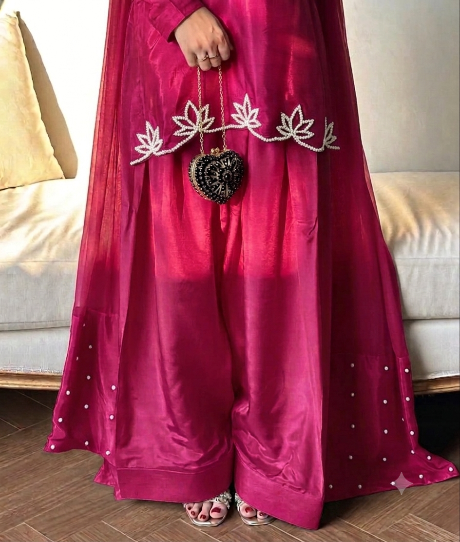 Natural Crepe Moti Embroidered Farsi Salwar Set – New Designer Party Wear