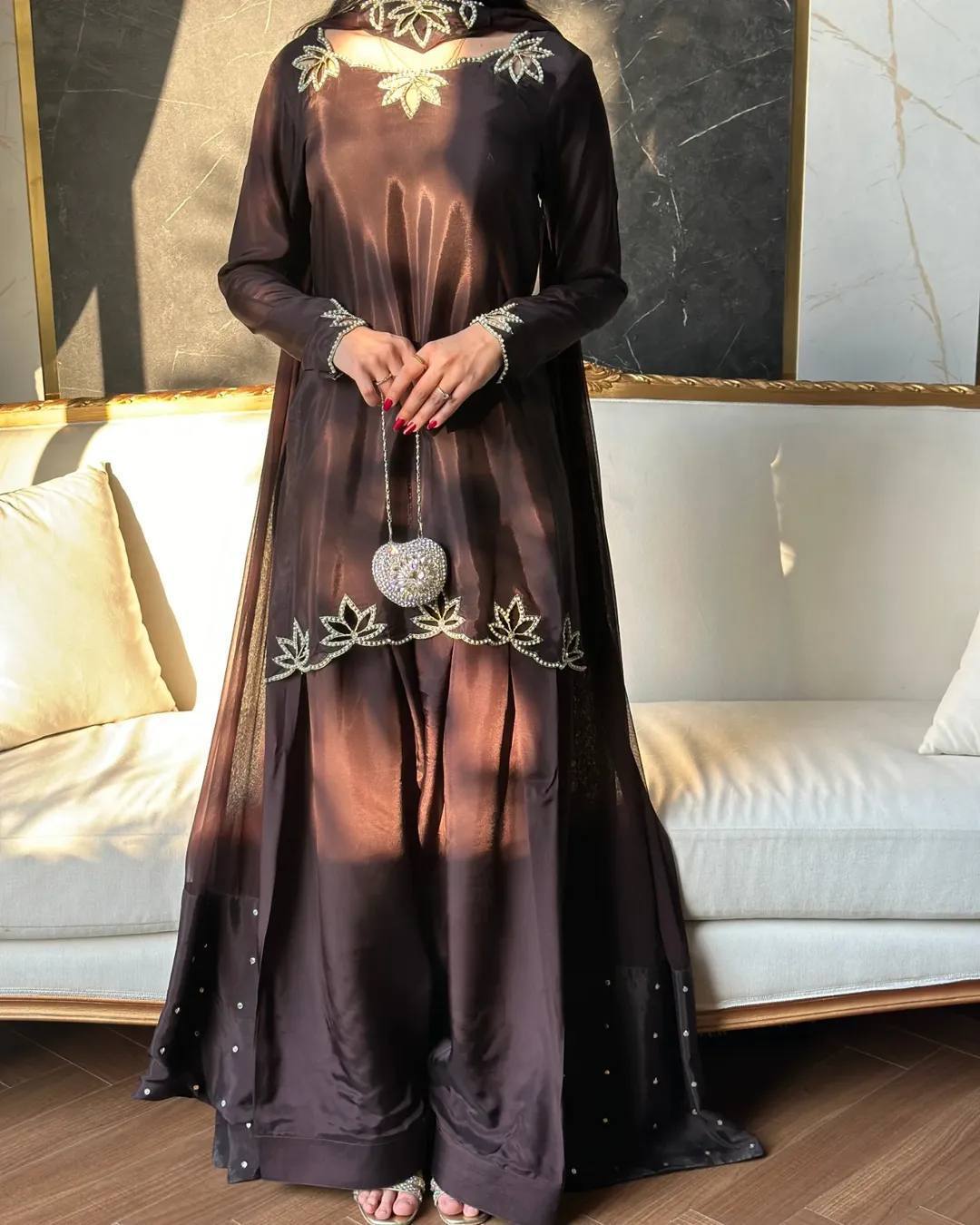 Natural Crepe Moti Embroidered Farsi Salwar Set – New Designer Party Wear