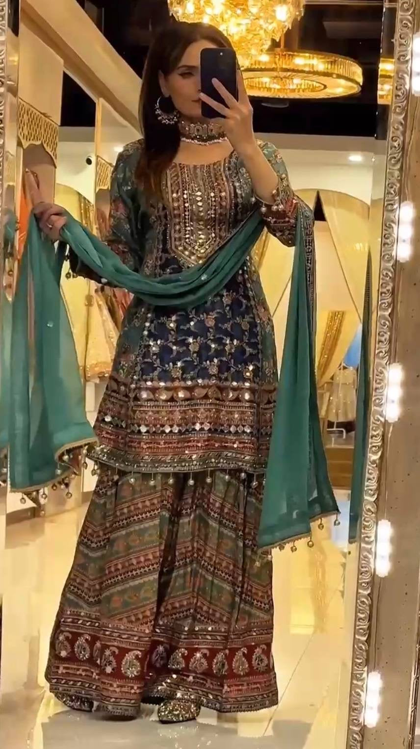 Digital Print Chinon Silk Mirror Work Palazzo Set – Designer Party Wear