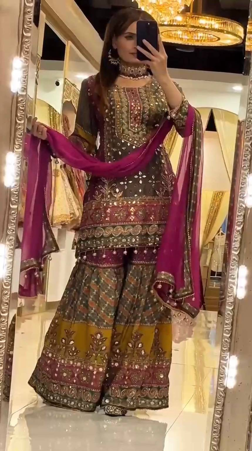 Digital Print Chinon Silk Mirror Work Palazzo Set – Designer Party Wear
