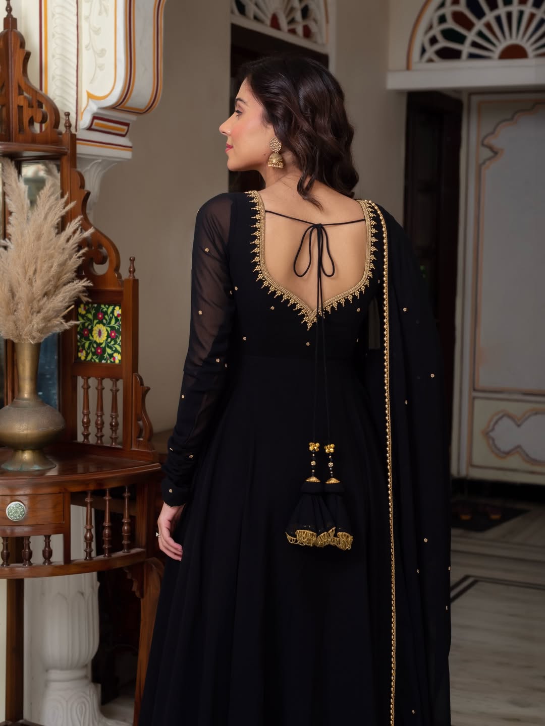 Black Blooming Fabric Anarkali Suit with Dupatta