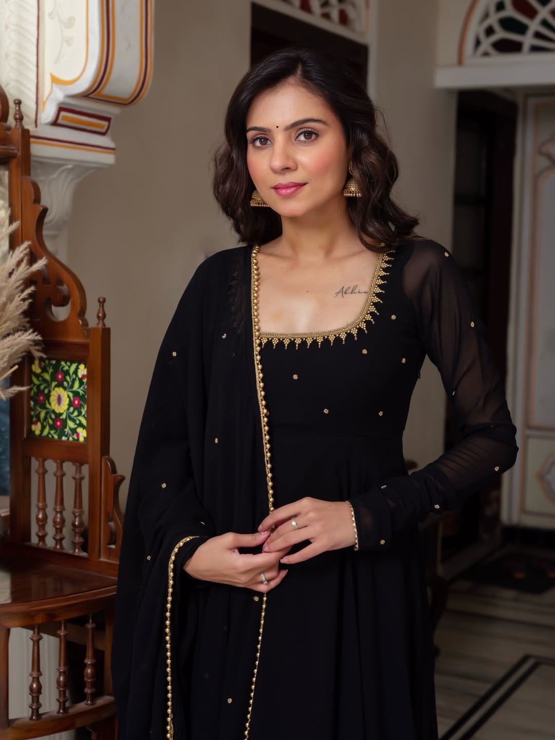 Black Blooming Fabric Anarkali Suit with Dupatta