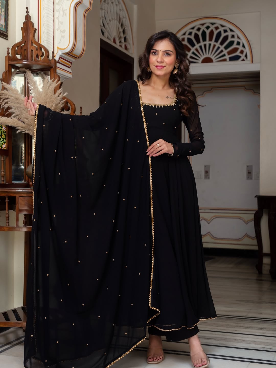Black Blooming Fabric Anarkali Suit with Dupatta