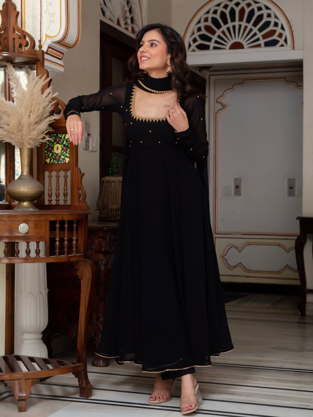 Black Blooming Fabric Anarkali Suit with Dupatta