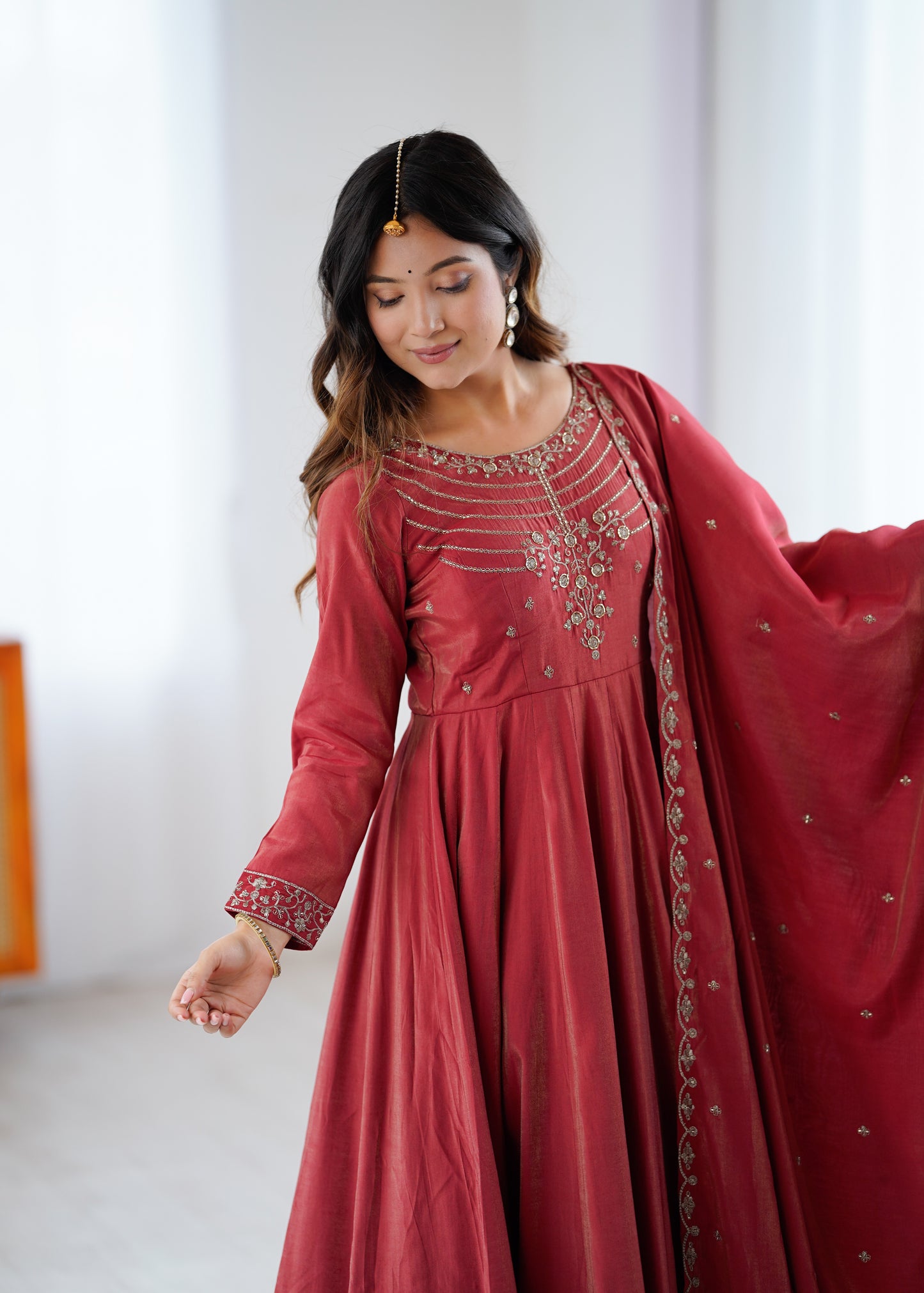 Premium Roman Shimmer Chanderi Silk Anarkali Suit Set For Women ❤️