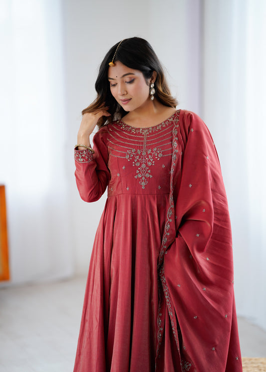 Premium Roman Shimmer Chanderi Silk Anarkali Suit Set For Women ❤️