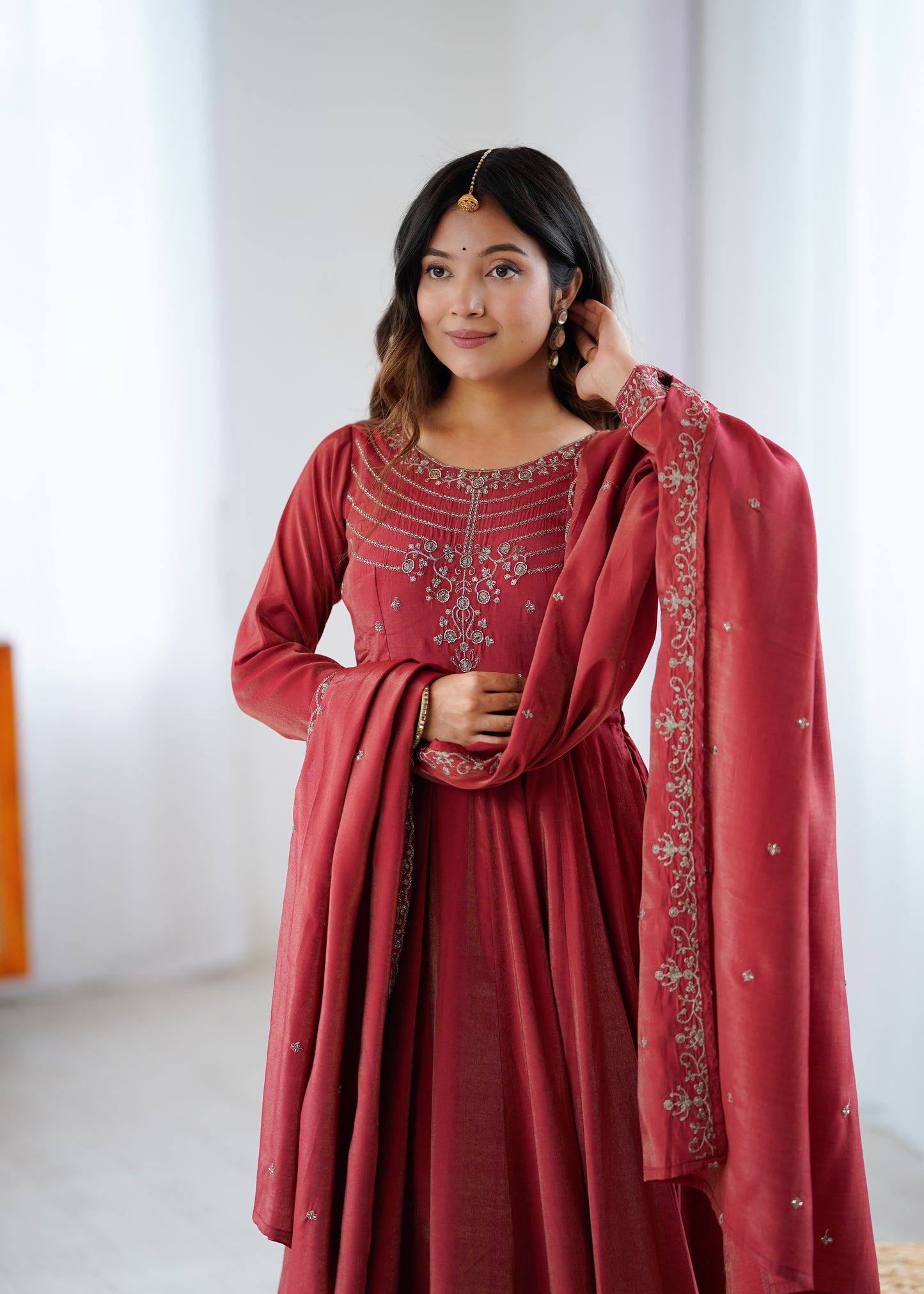 Premium Roman Shimmer Chanderi Silk Anarkali Suit Set For Women ❤️