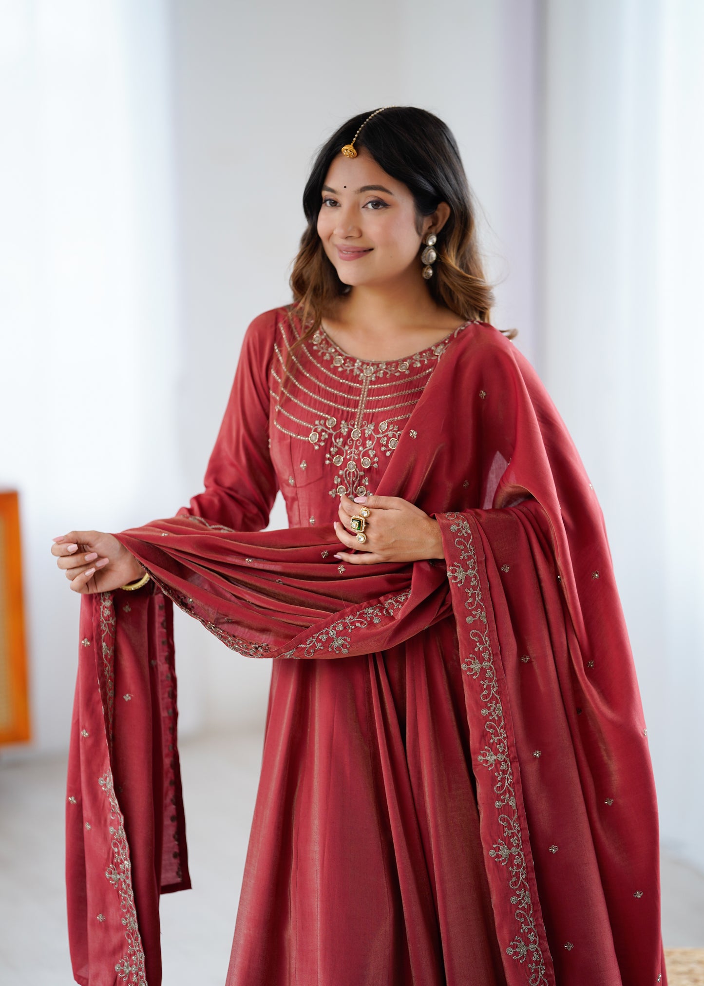 Premium Roman Shimmer Chanderi Silk Anarkali Suit Set For Women ❤️