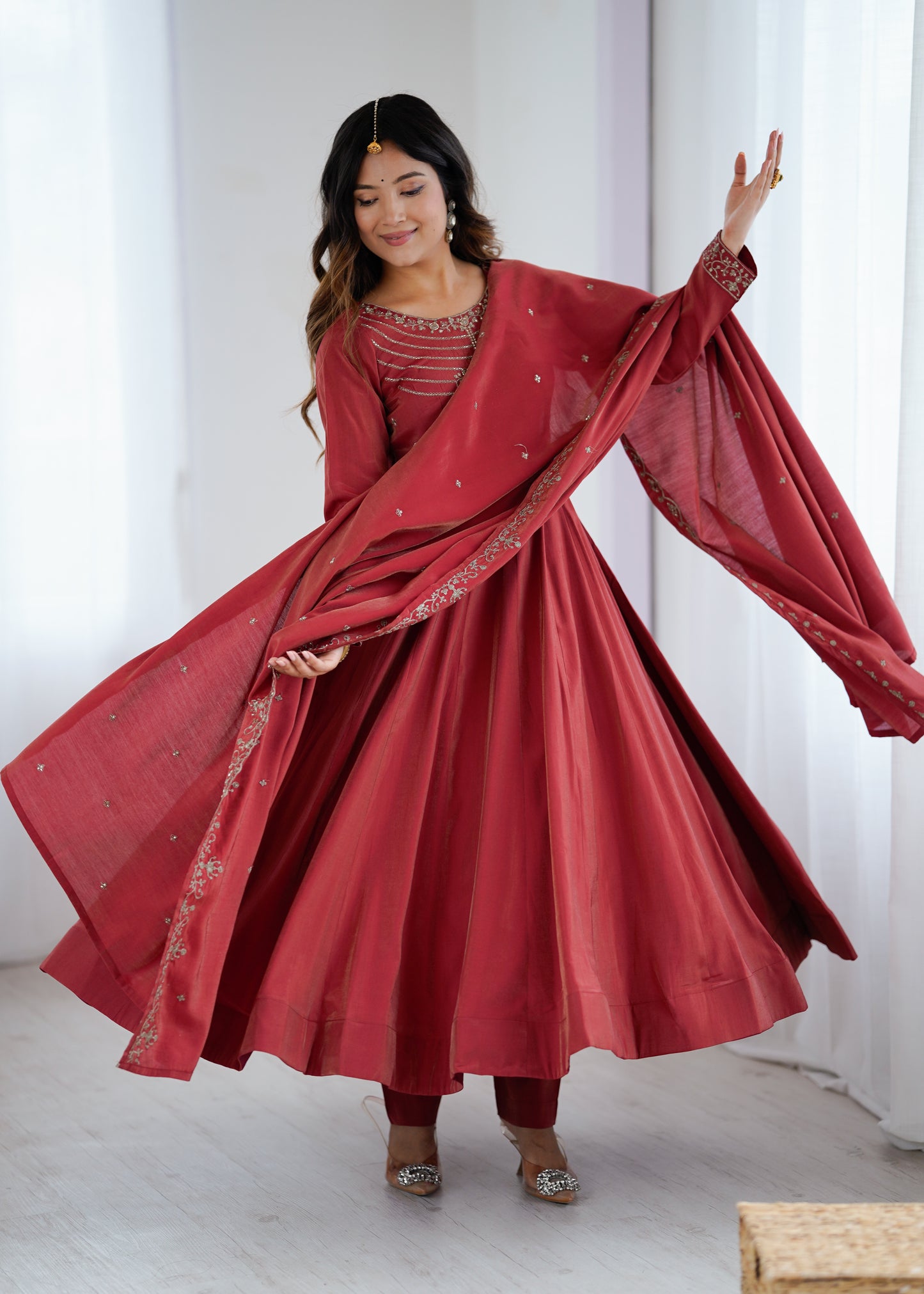 Premium Roman Shimmer Chanderi Silk Anarkali Suit Set For Women ❤️