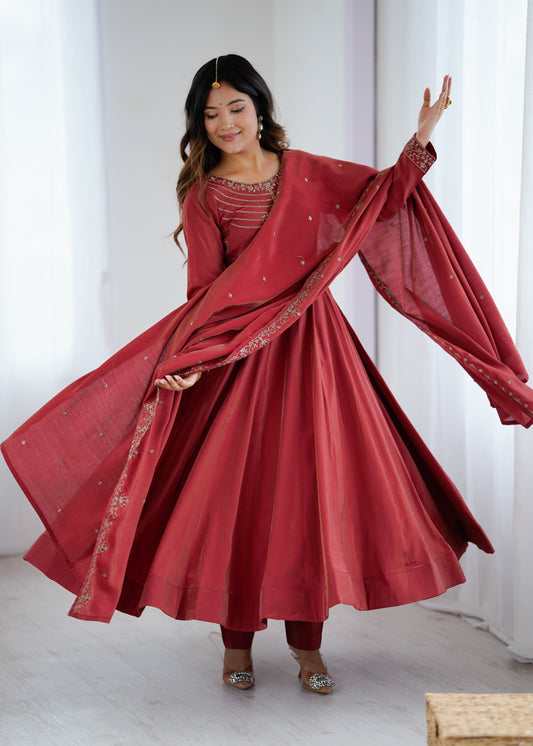 Premium Roman Shimmer Chanderi Silk Anarkali Suit Set For Women ❤️