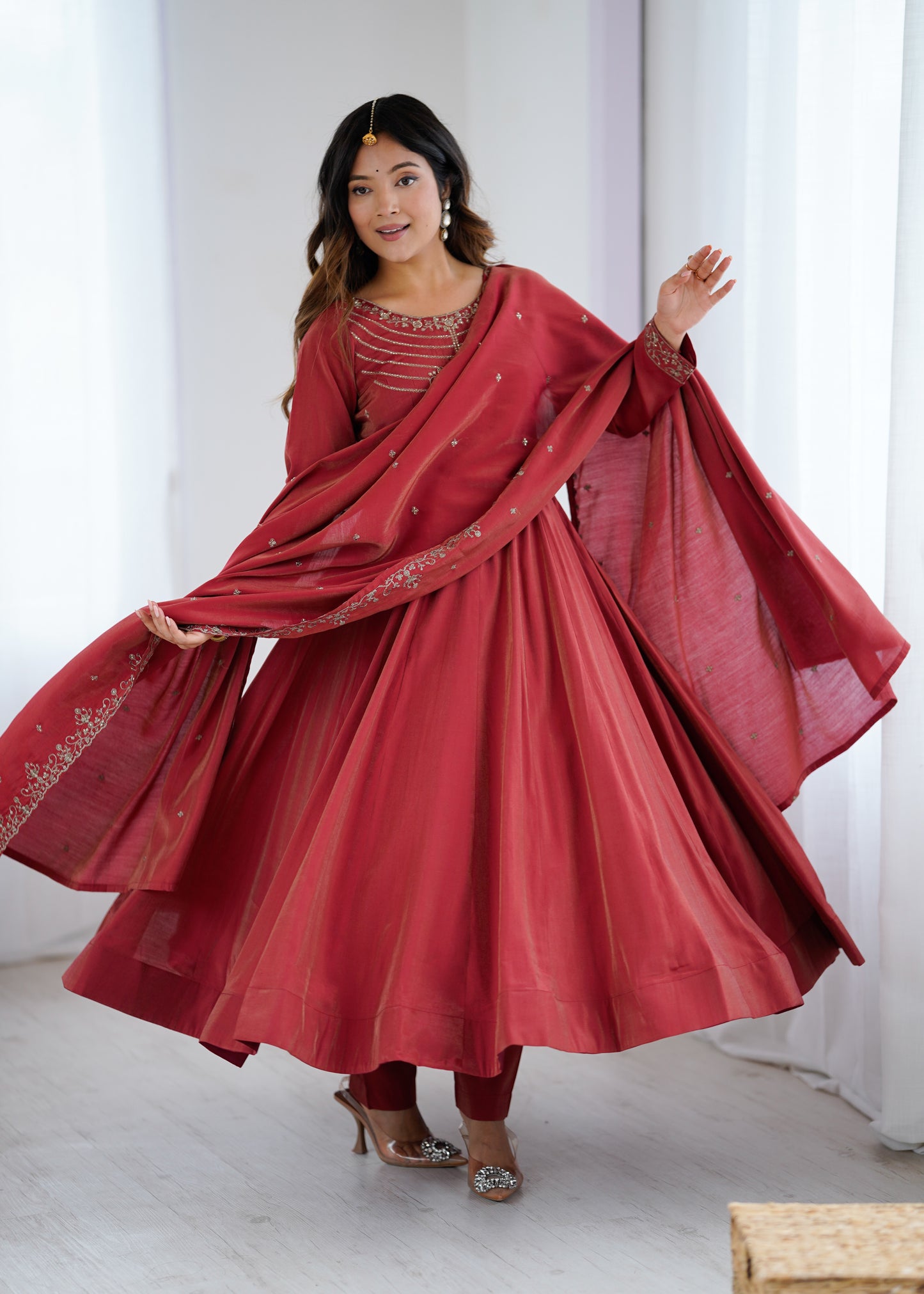 Premium Roman Shimmer Chanderi Silk Anarkali Suit Set For Women ❤️