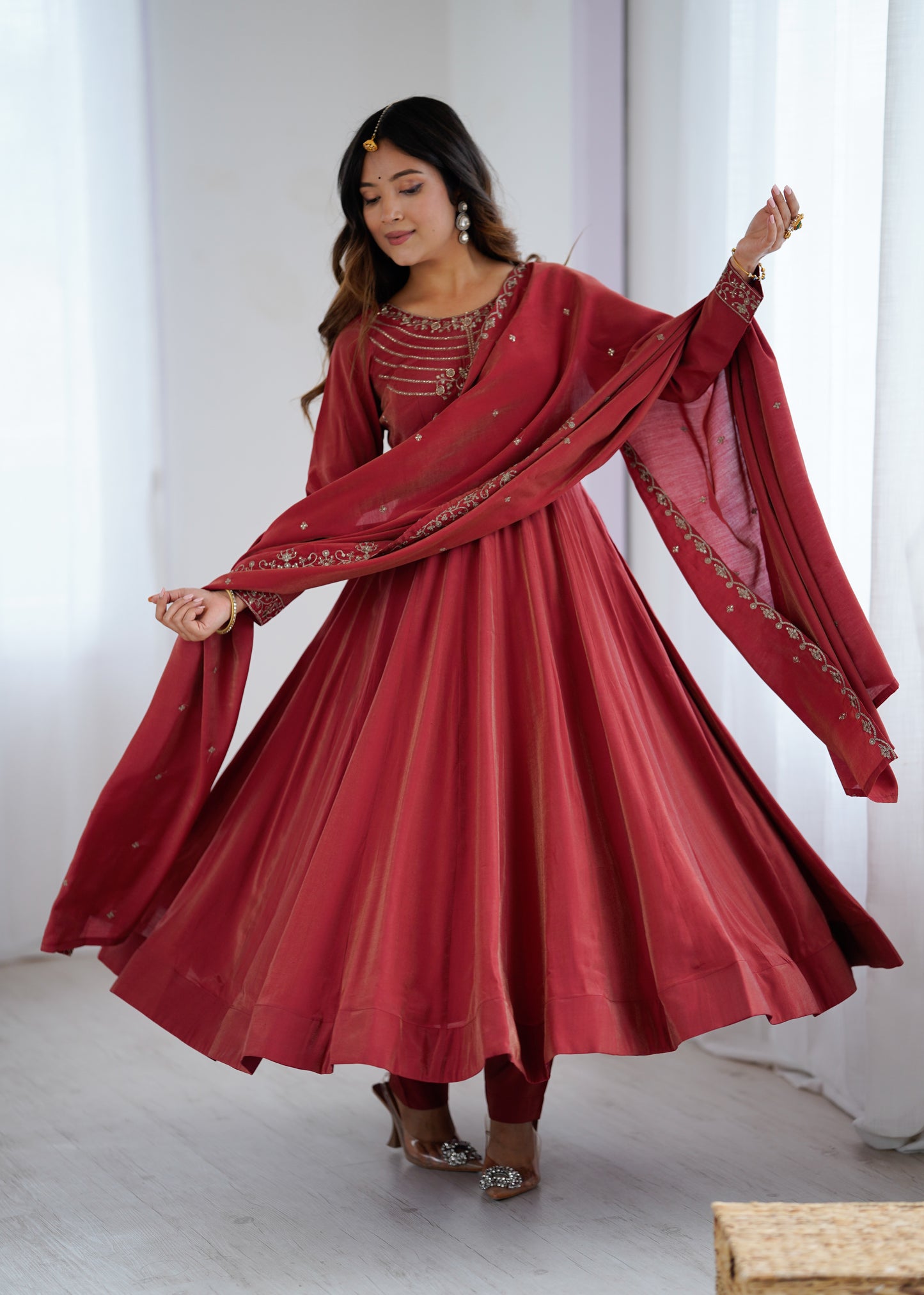 Premium Roman Shimmer Chanderi Silk Anarkali Suit Set For Women ❤️