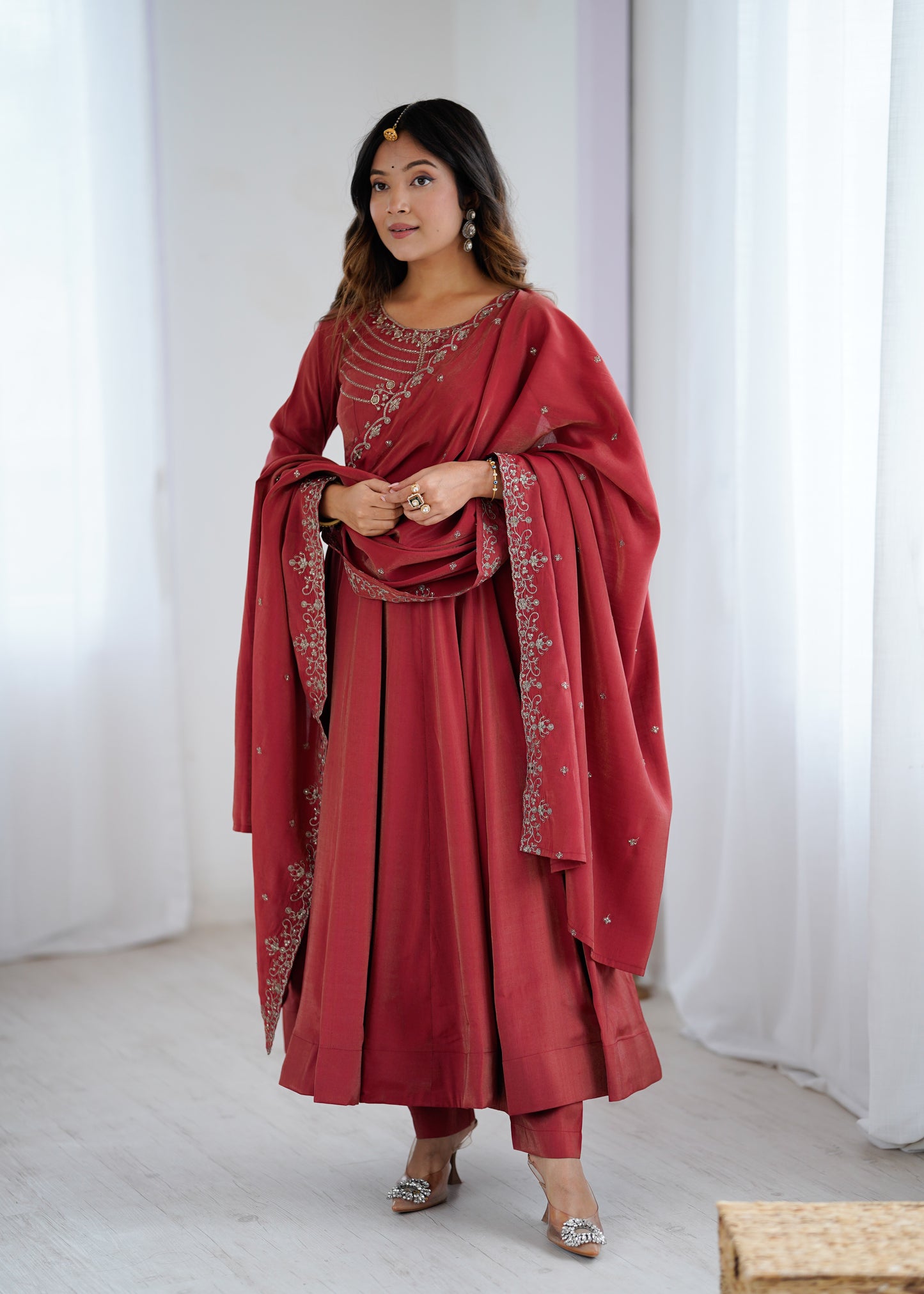 Premium Roman Shimmer Chanderi Silk Anarkali Suit Set For Women ❤️