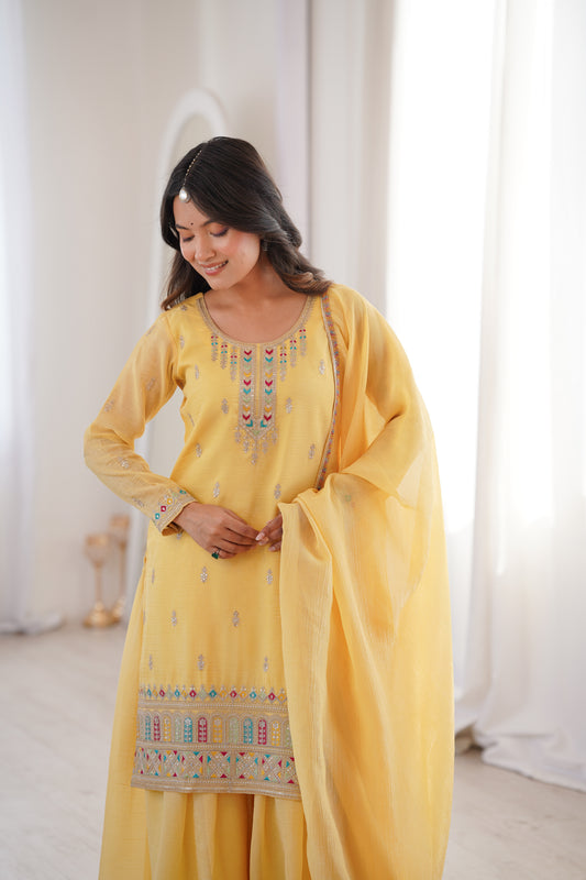Elegant Crunchy Silk Sharara Suit Set For Women 💛
