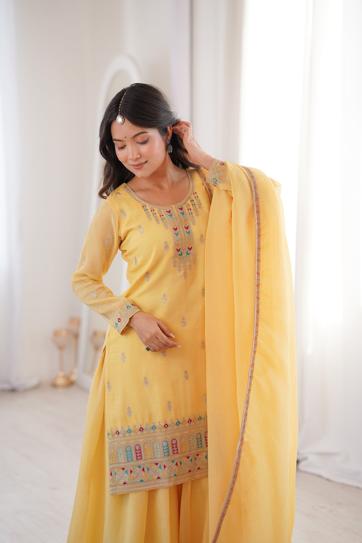 Elegant Crunchy Silk Sharara Suit Set For Women 💛