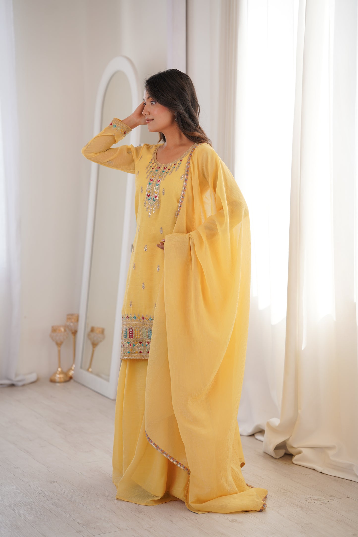 Elegant Crunchy Silk Sharara Suit Set For Women 💛