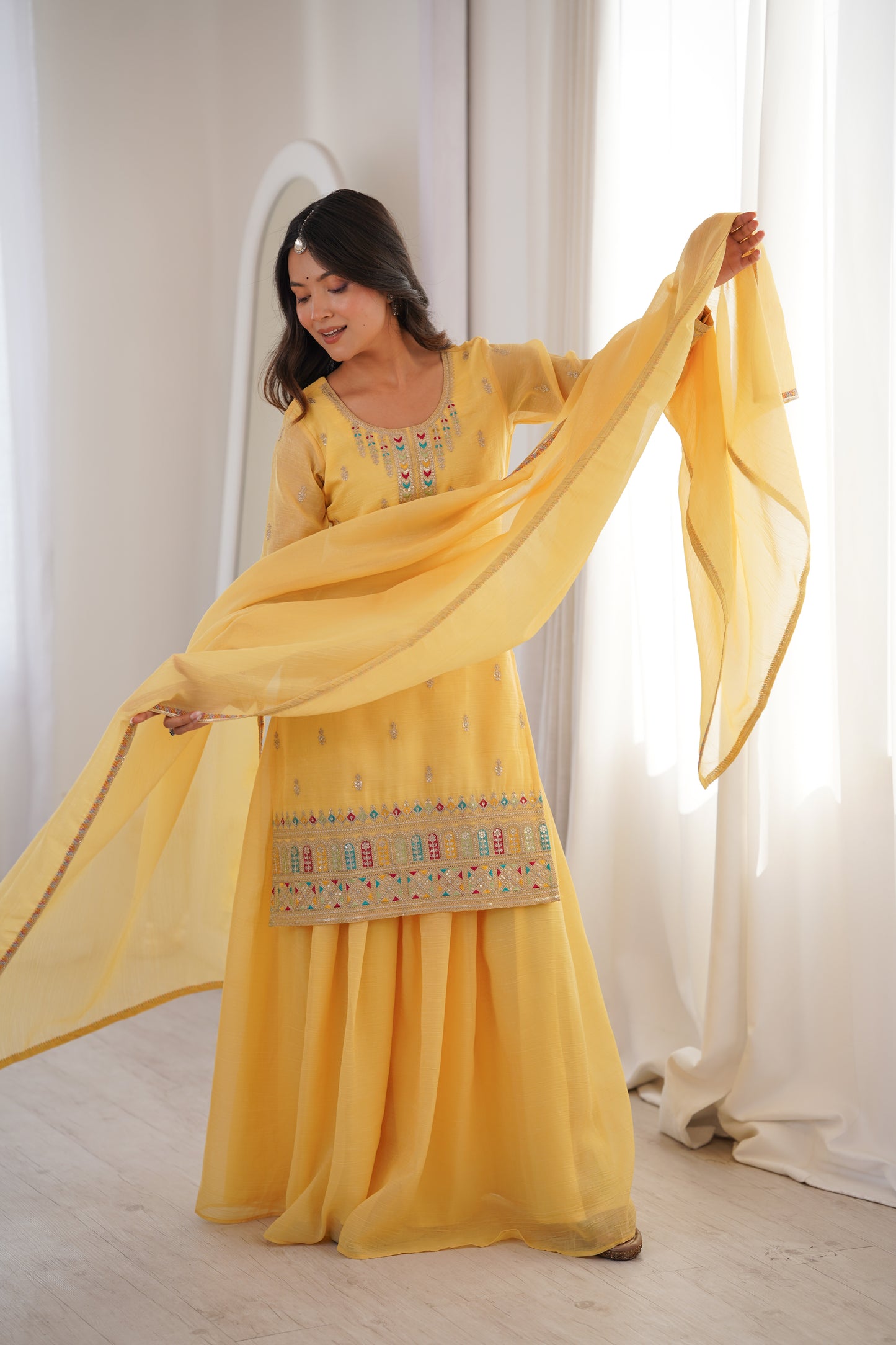 Elegant Crunchy Silk Sharara Suit Set For Women 💛