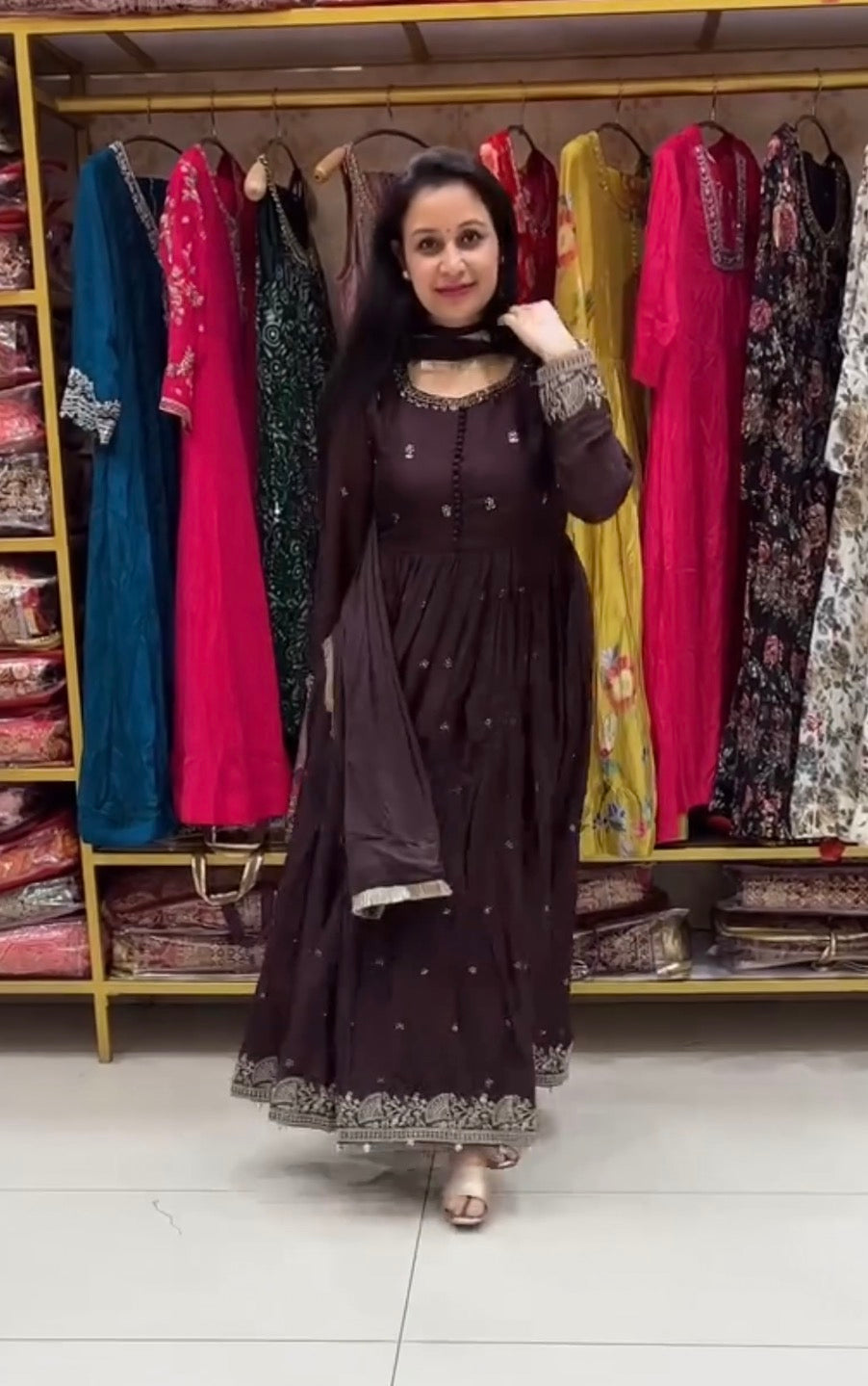 Elegant Chinon Silk Codding &amp; Sequins Gown – Designer Festive Collection