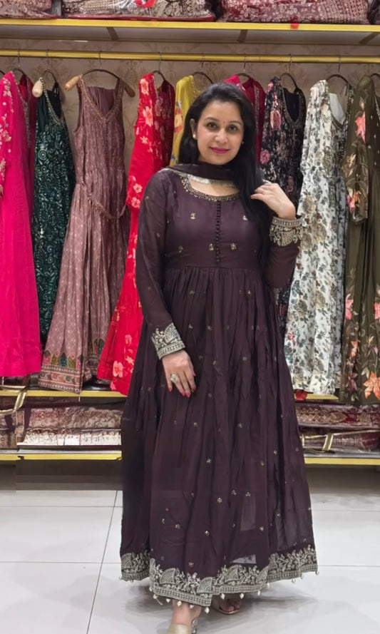 Elegant Chinon Silk Codding &amp; Sequins Gown – Designer Festive Collection