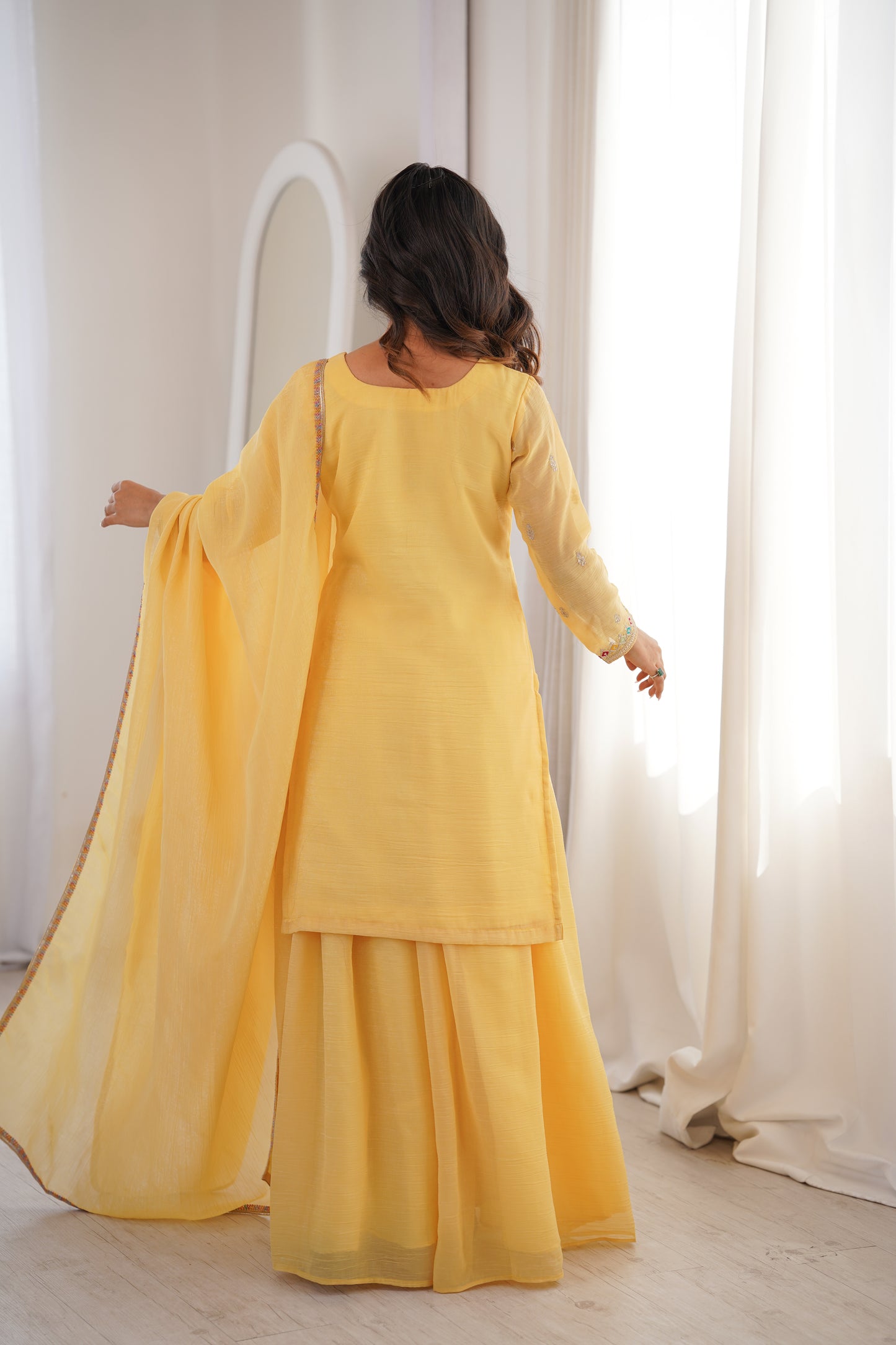 Elegant Crunchy Silk Sharara Suit Set For Women 💛