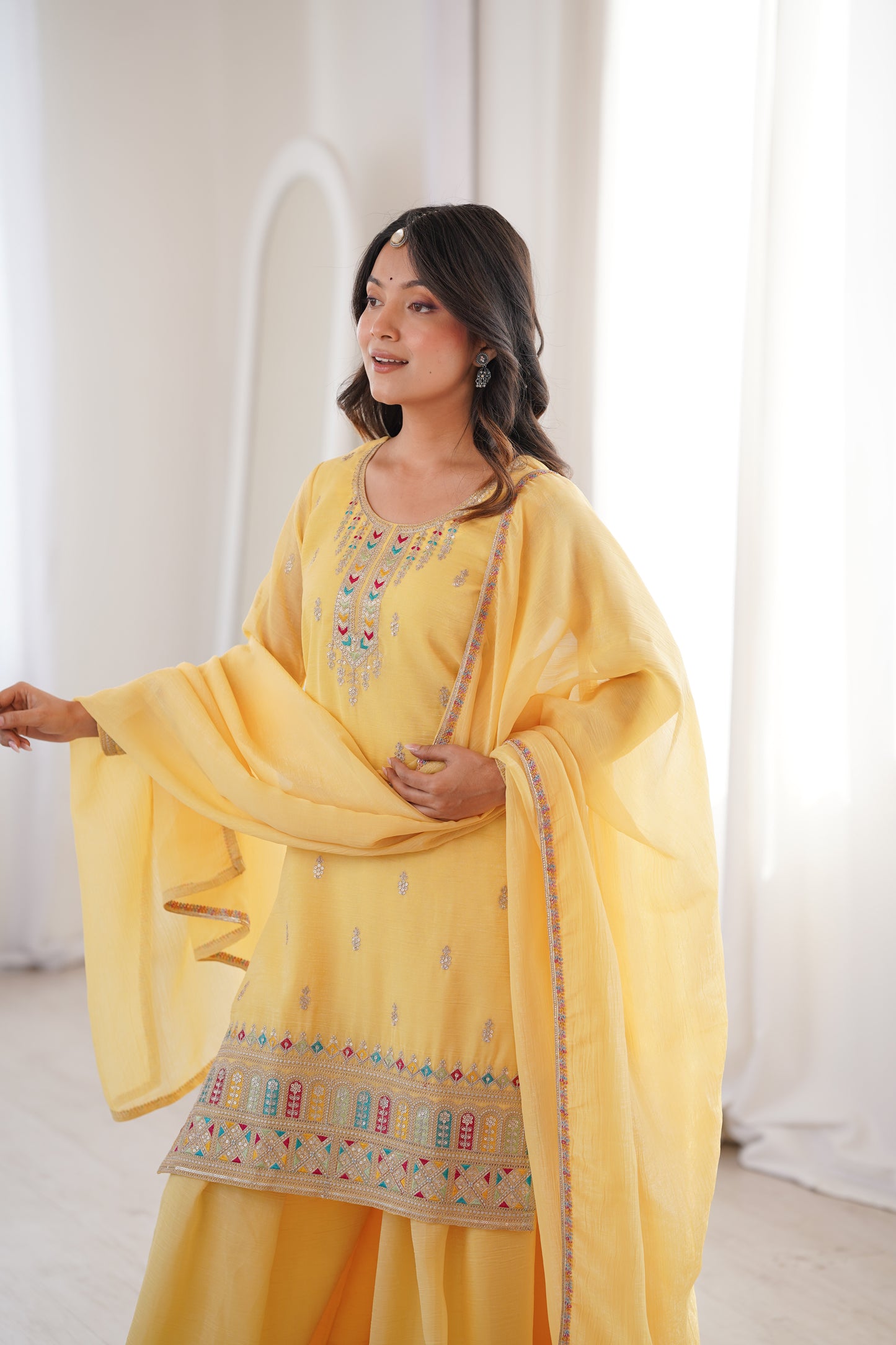 Elegant Crunchy Silk Sharara Suit Set For Women 💛